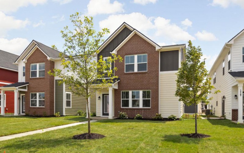 Buildings with green trees out front